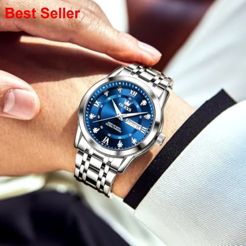 Stainless Steel Watch with Roman Numerals Diamond Accents Day Date